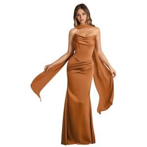 Pleated formal dress w/Scarf Convertible Elegant maxi Ball Gown SZ 8 wedding